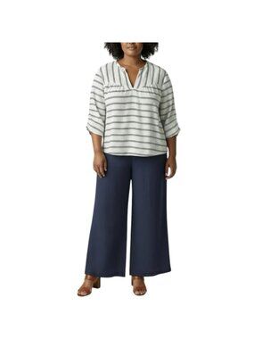 Harshman Striped Nautical Blouse Large Navy White Relaxed Fit Cotton Lightweight